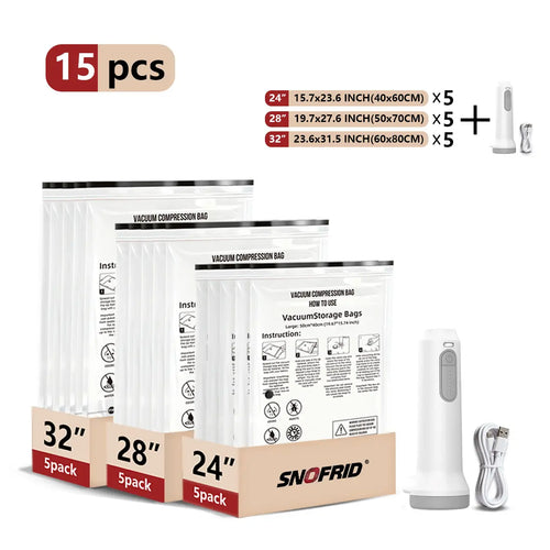 Cordless Travel Vacuum Storage Compression Bag Set – 15-Pack in 3 Sizes