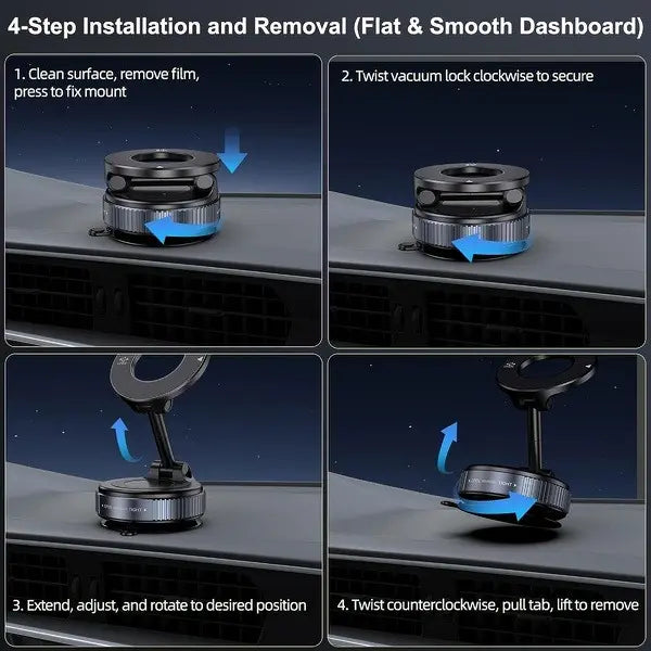 Foldable Magnetic Car Phone Mount – 20 N52 Magnets, MagSafe Compatible, Vacuum Suction Base