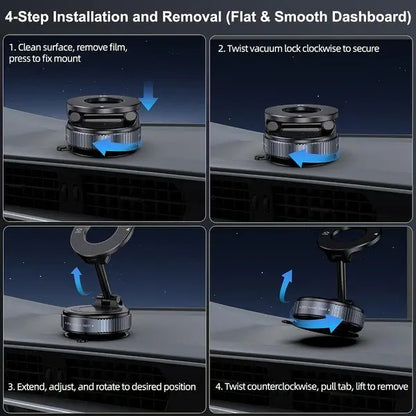Foldable Magnetic Car Phone Mount – 20 N52 Magnets, MagSafe Compatible, Vacuum Suction Base