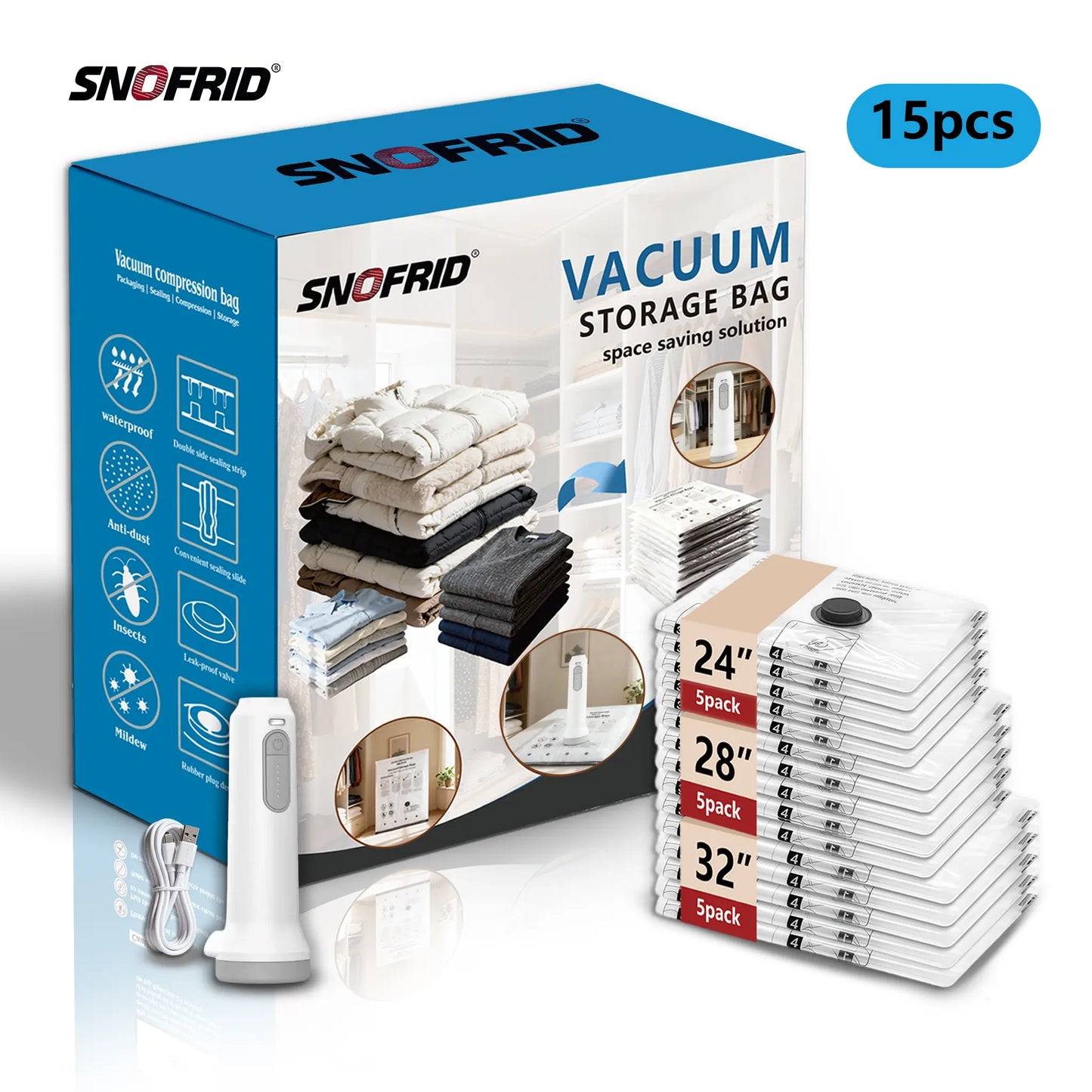 Cordless Travel Vacuum Storage Compression Bag Set – 15-Pack in 3 Sizes