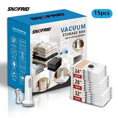 Cordless Travel Vacuum Storage Compression Bag Set – 15-Pack in 3 Sizes
