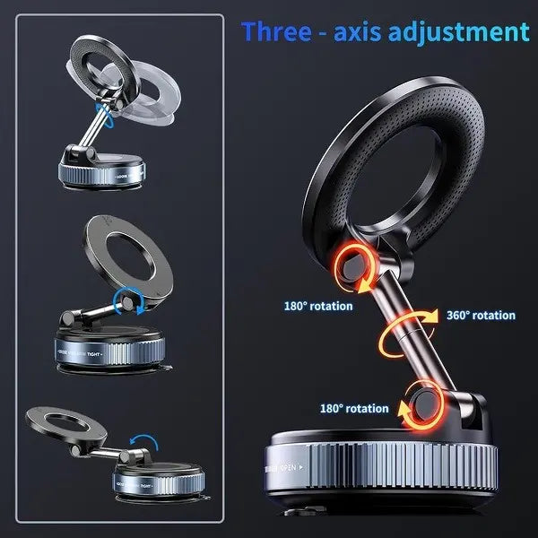 Foldable Magnetic Car Phone Mount – 20 N52 Magnets, MagSafe Compatible, Vacuum Suction Base