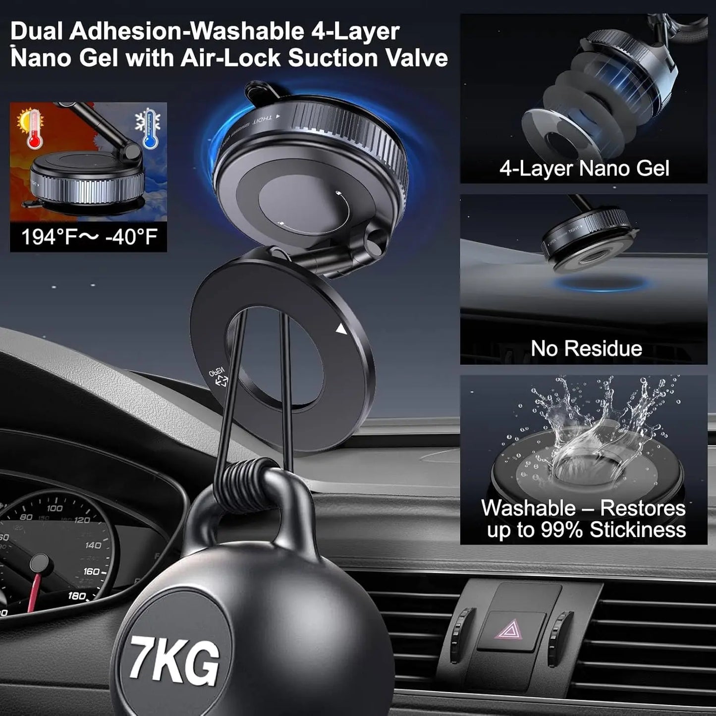 Foldable Magnetic Car Phone Mount – 20 N52 Magnets, MagSafe Compatible, Vacuum Suction Base